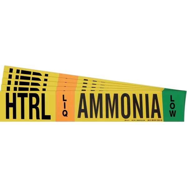 AMMONIA HTRL LIQ LOW Pipe Marker Style 1HV BK, GN, OR on YL 1 per Card, 5 PK